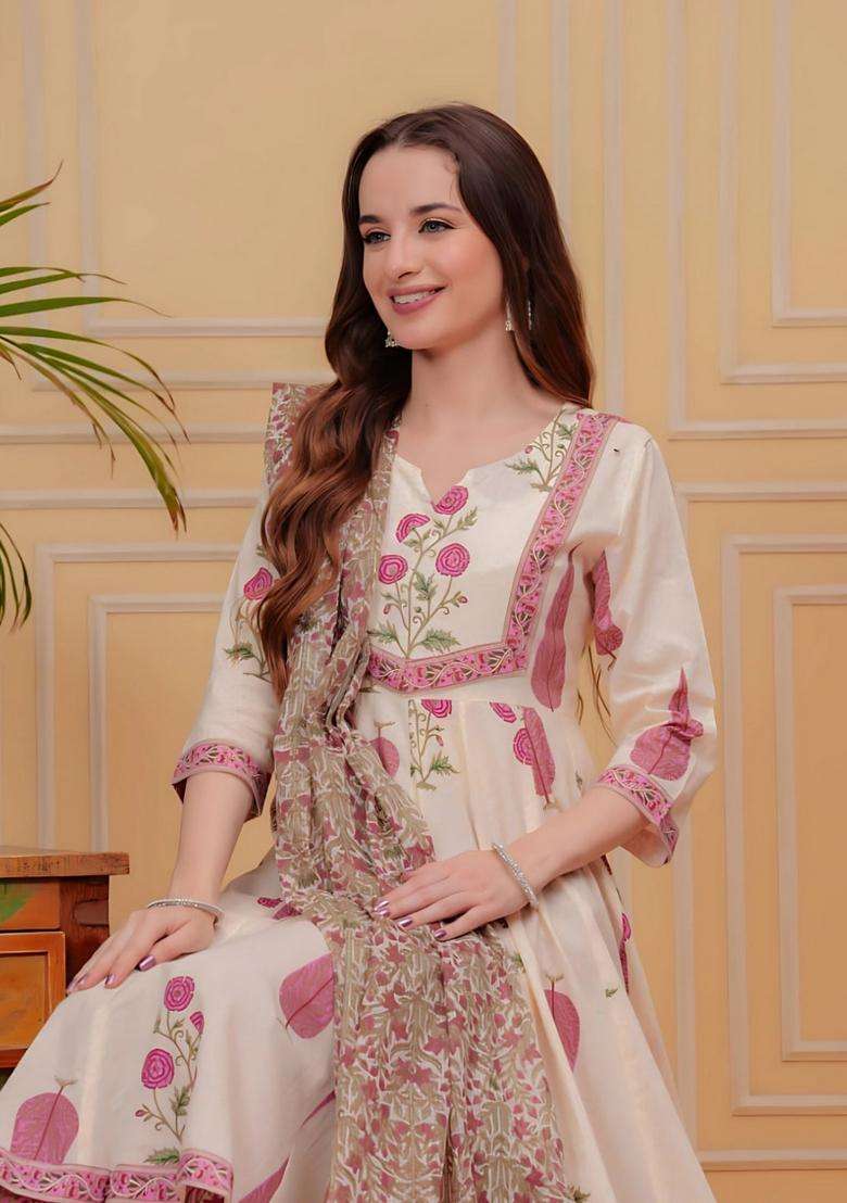 Pink Embroidered Cotton Anarkali Set - Indya