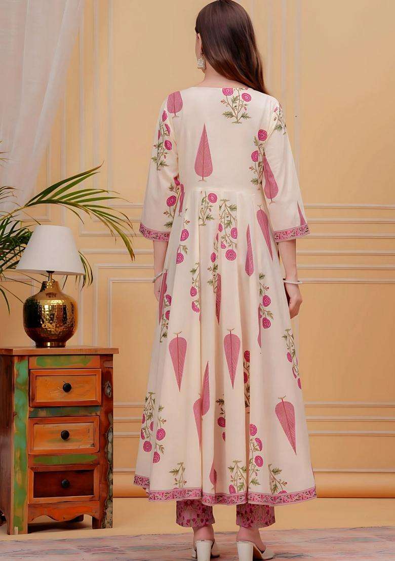 Pink Embroidered Cotton Anarkali Set - Indya