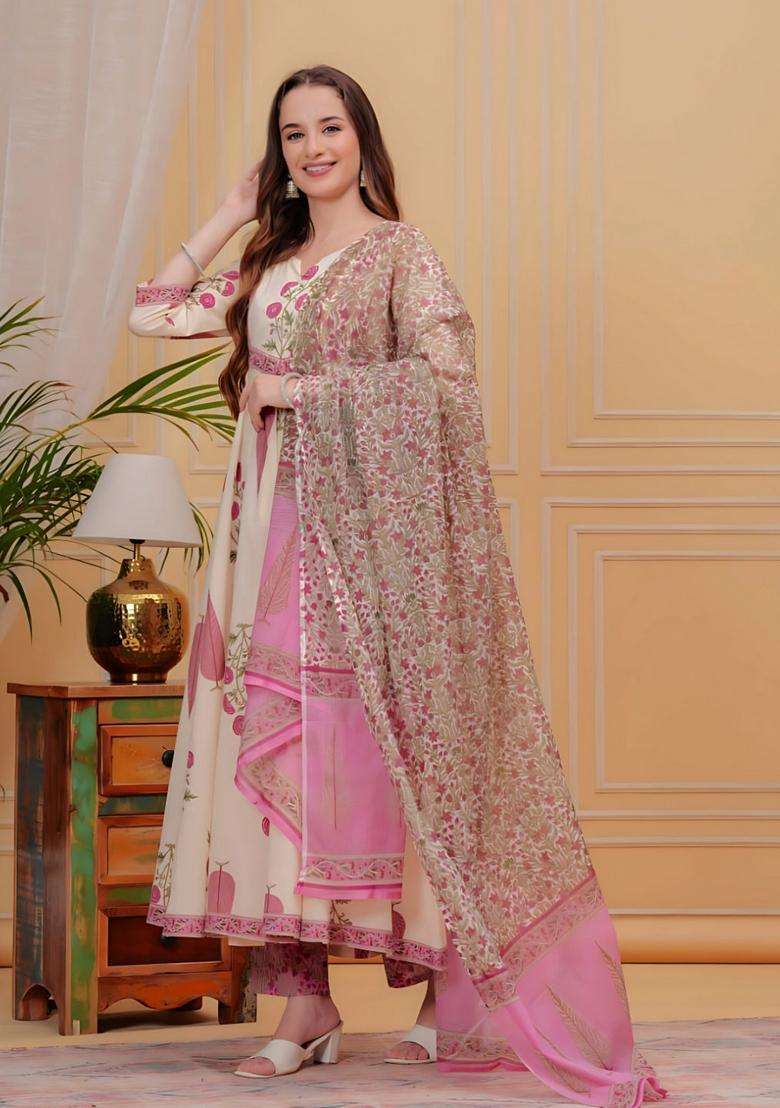 Pink Embroidered Cotton Anarkali Set - Indya