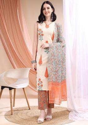 Orange Embroidery Cotton Kurta Set