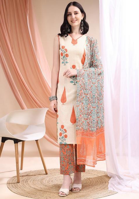 Orange Embroidery Cotton Kurta Set