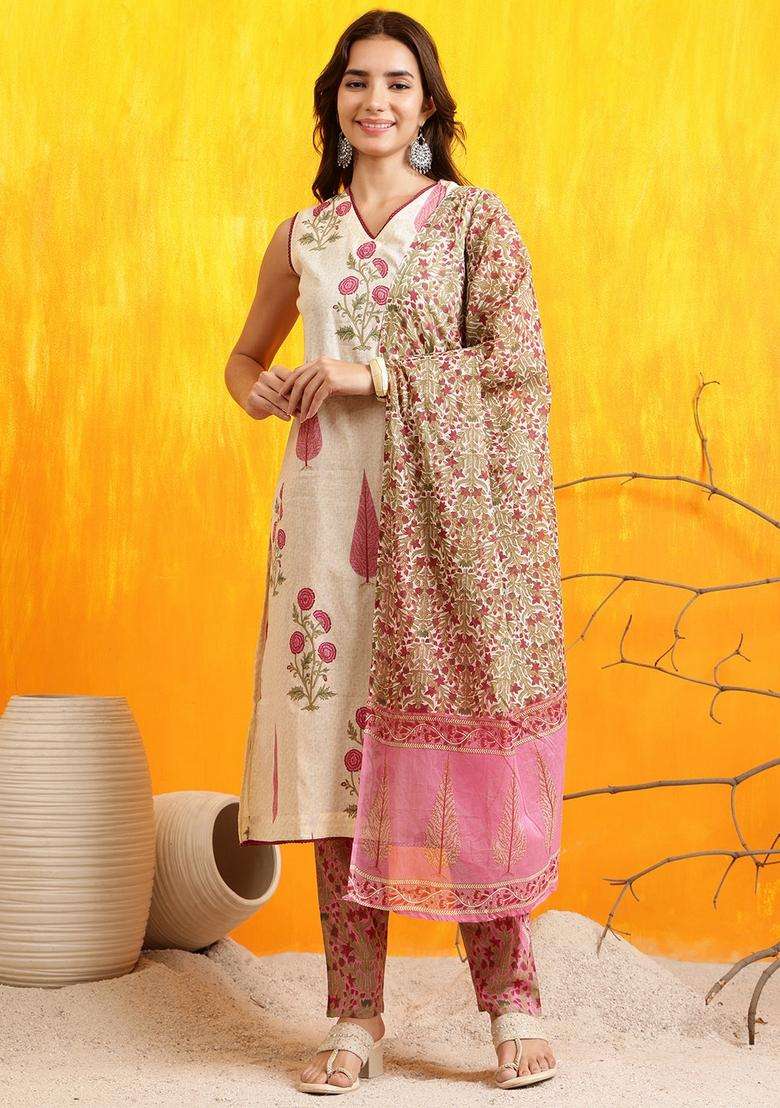 Pink Embroidered Cotton Straight Kurta Set - Indya