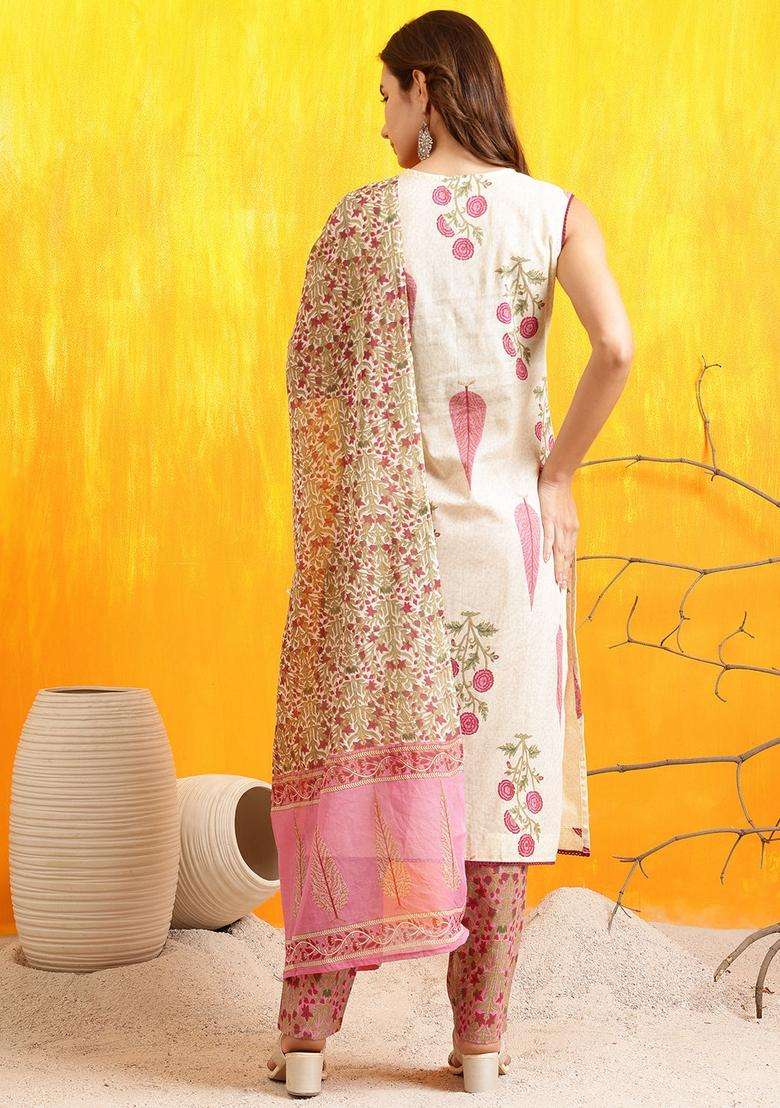 Pink Embroidered Cotton Straight Kurta Set - Indya