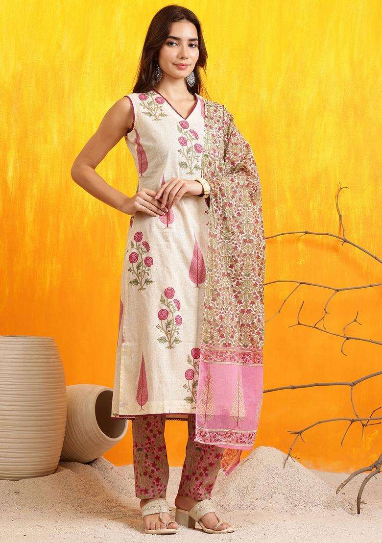 Pink Embroidered Cotton Straight Kurta Set - Indya