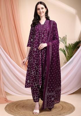 Purple Embroidery Cotton Kurta Set