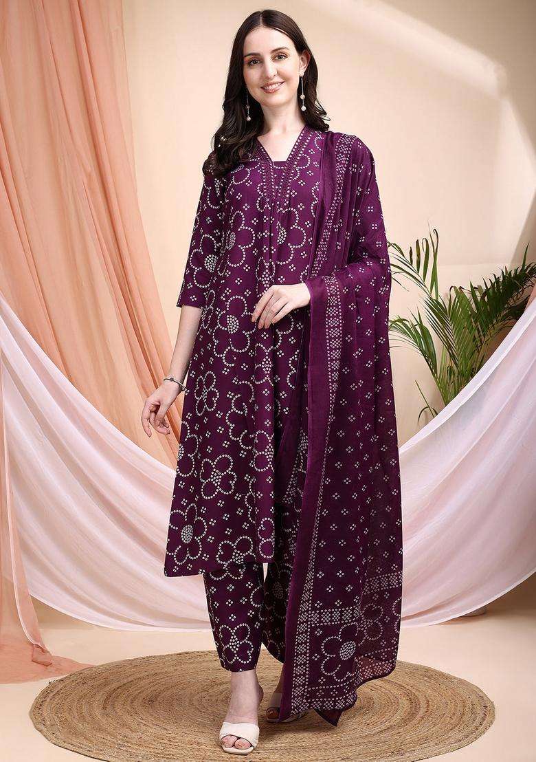 Purple Bandhani Cotton A Line Kurta Set - Indya