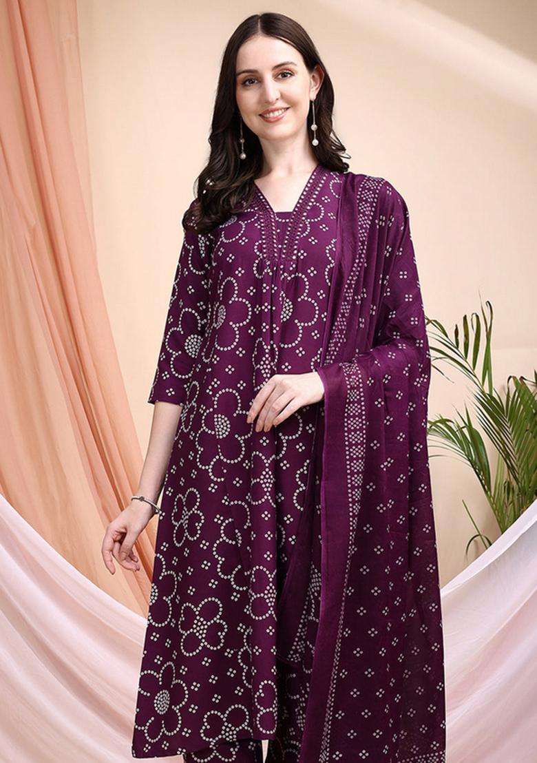 Purple Bandhani Cotton A Line Kurta Set - Indya