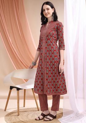 Maroon Embroidery Cotton Kurta Set