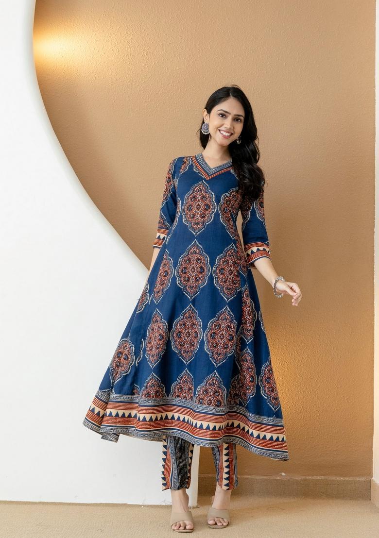 Blue Printed Cotton A Line Kurta Set - Indya