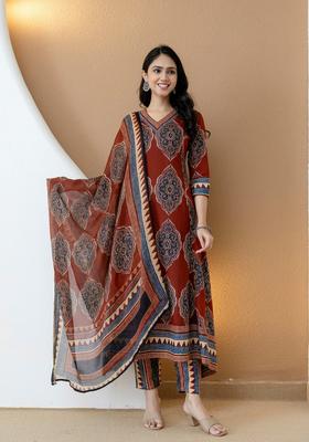 Rust Embroidery Cotton Kurta Set