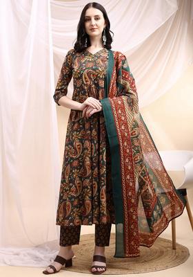 Green Embroidery Cotton Kurta Set