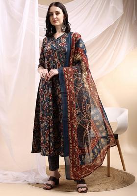 Navy Blue Embroidery Cotton Kurta Set