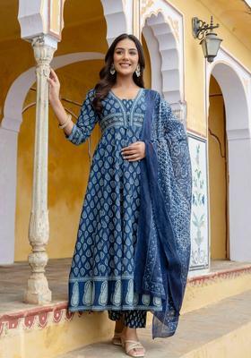 Blue Embroidery Cotton Kurta Set