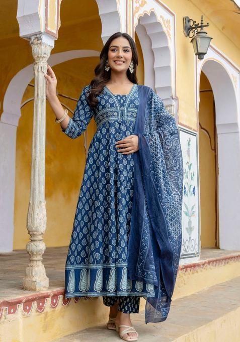 Blue Embroidery Cotton Kurta Set