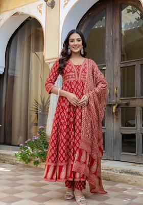 Rust Embroidery Cotton Kurta Set