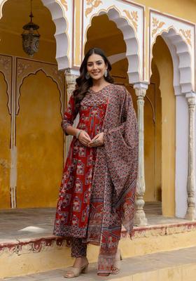 Rust Embroidery Cotton Kurta Set