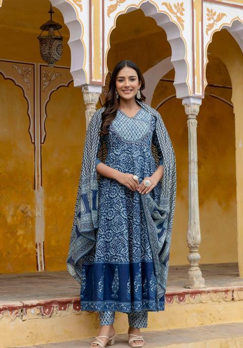 Blue Embroidery Cotton Kurta Set