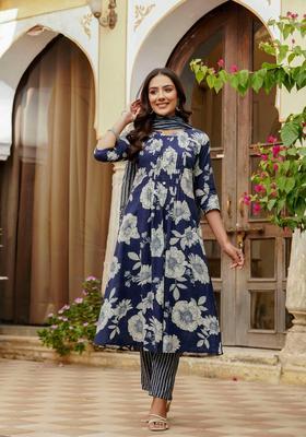 Blue Embroidery Cotton Kurta Set