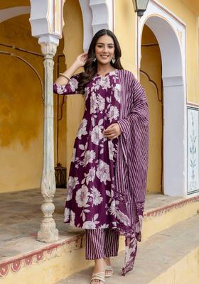 Purple Embroidery Cotton Kurta Set