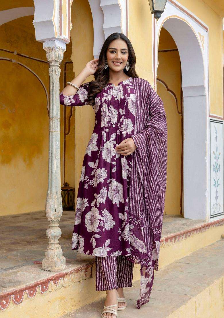 Purple Floral Print Cotton A Line Kurta Set - Indya