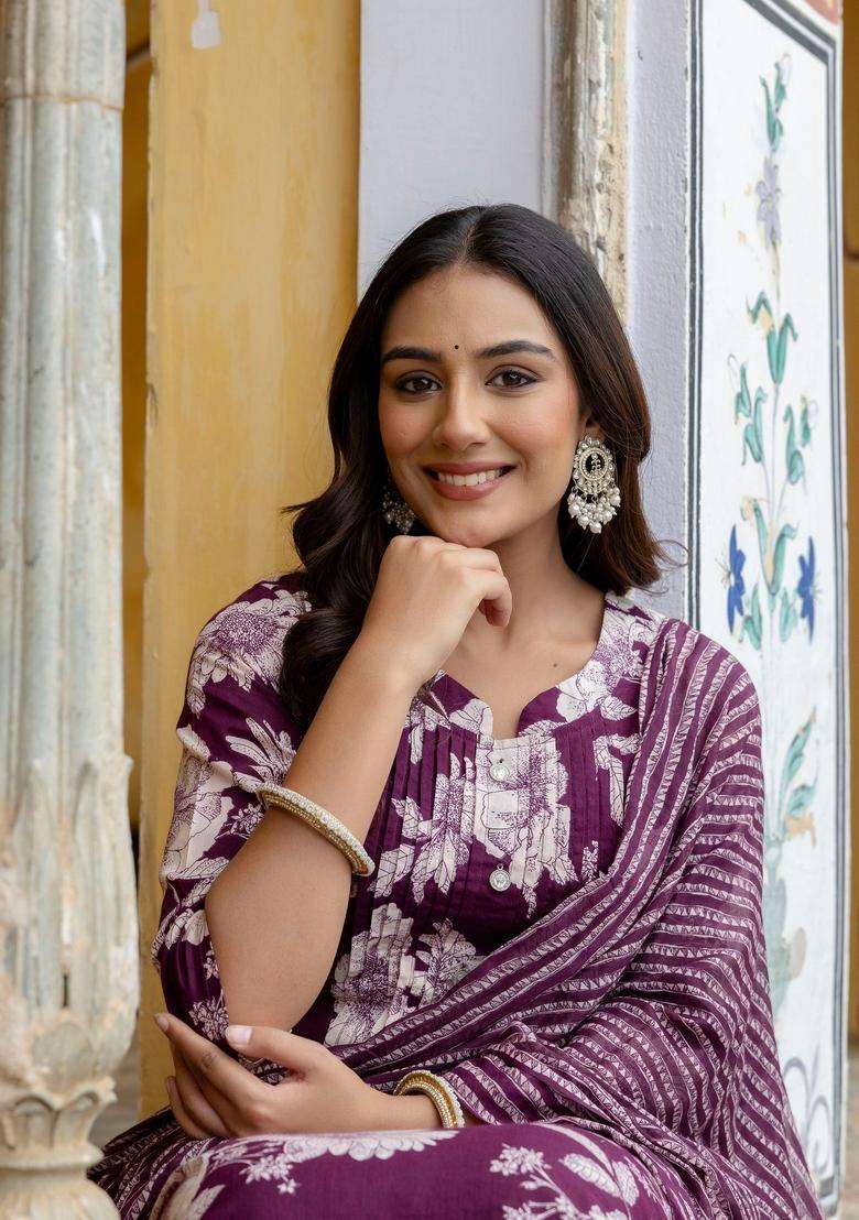Purple Floral Print Cotton A Line Kurta Set - Indya