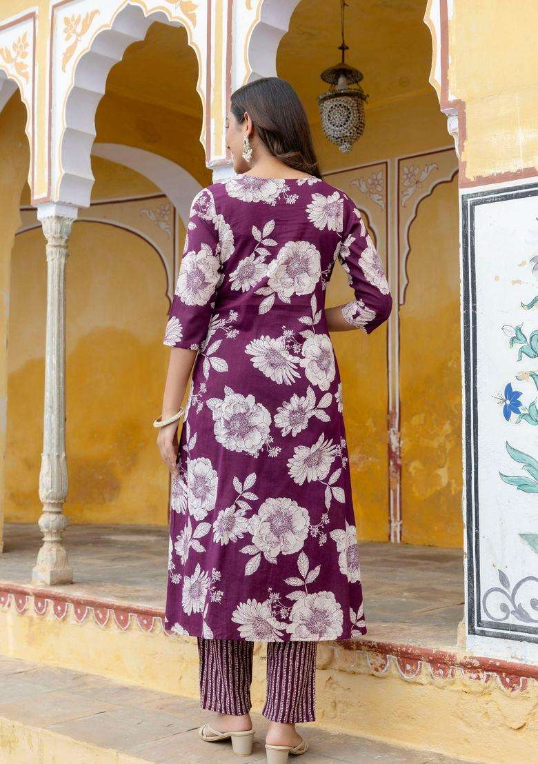 Purple Floral Print Cotton A Line Kurta Set - Indya