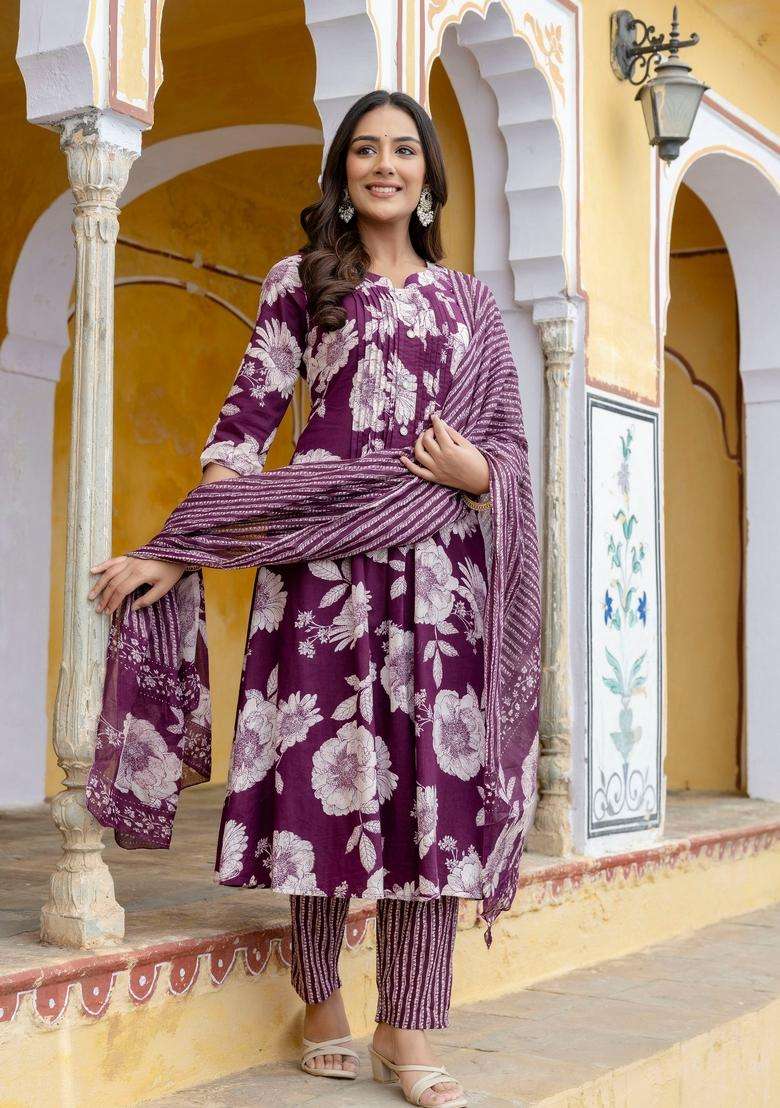 Purple Floral Print Cotton A Line Kurta Set - Indya