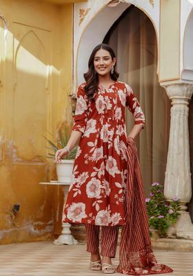 Rust Embroidery Cotton Kurta Set