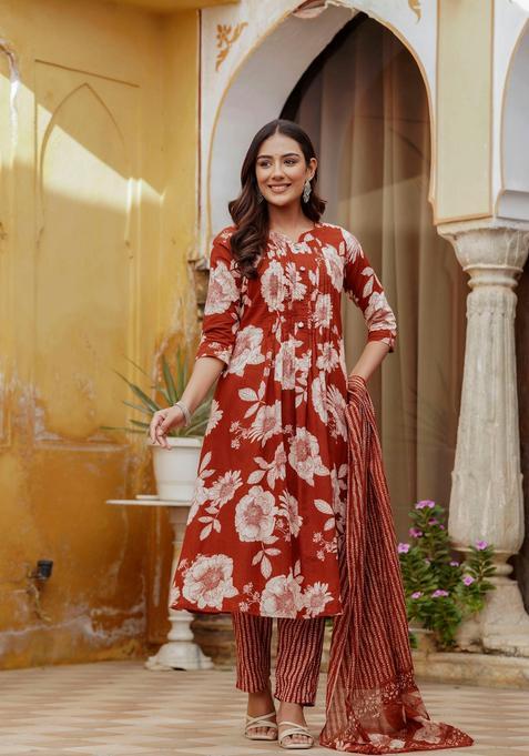 Rust Embroidery Cotton Kurta Set