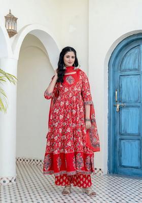 Red Embroidery Cotton Kurta Set