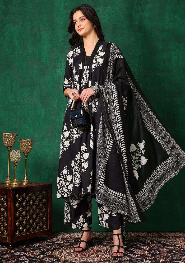 Black Floral Print Rayon A Line Kurta Set - Indya