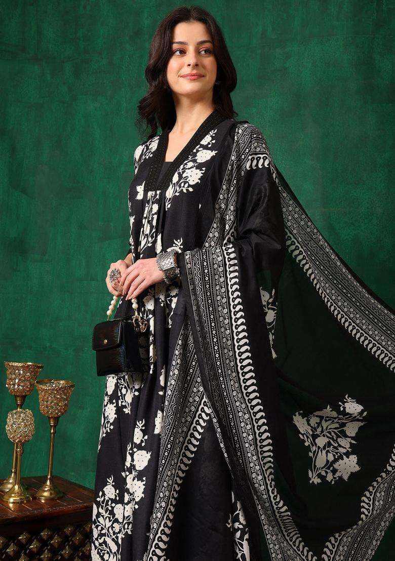 Black Floral Print Rayon A Line Kurta Set - Indya