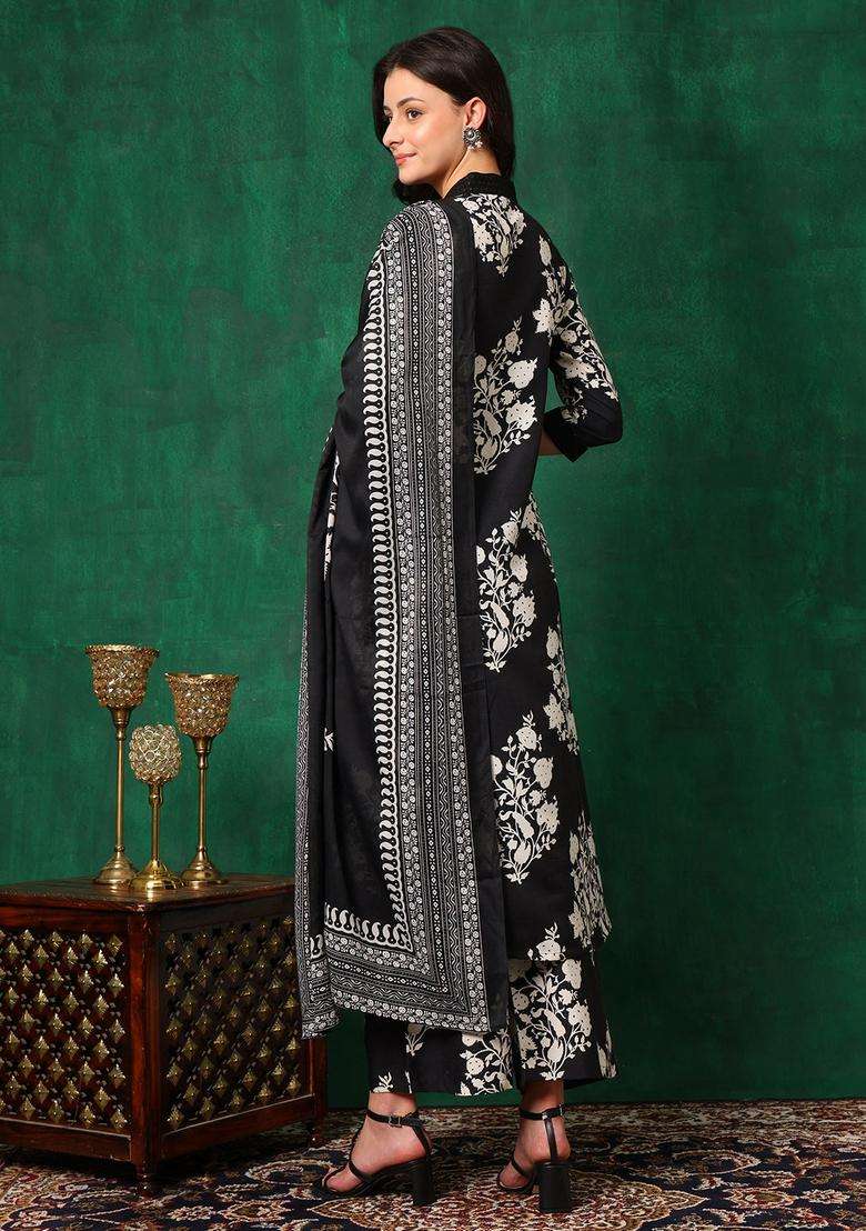 Black Floral Print Rayon A Line Kurta Set - Indya