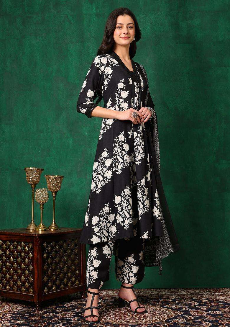 Black Floral Print Rayon A Line Kurta Set - Indya