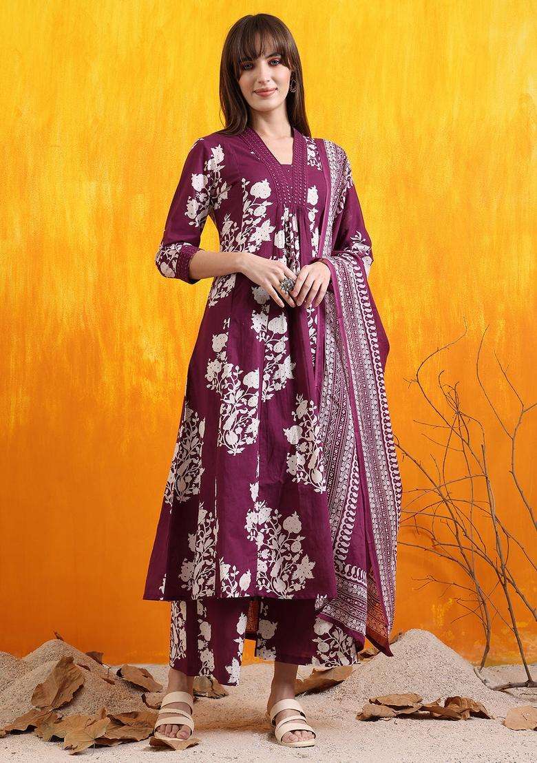 Purple Floral Print Rayon A Line Kurta Set - Indya