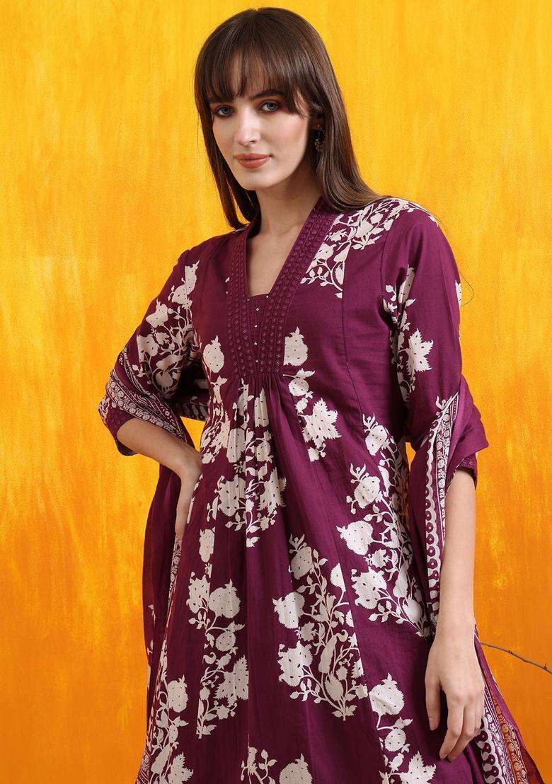 Purple Floral Print Rayon A Line Kurta Set - Indya