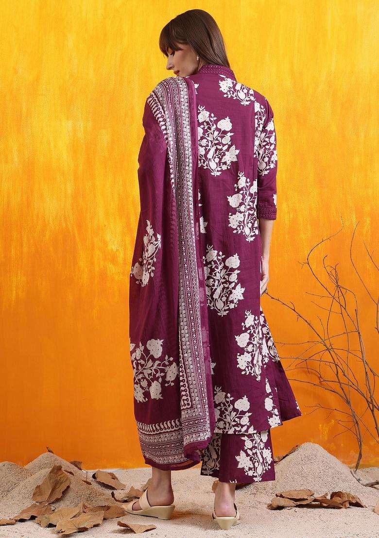 Purple Floral Print Rayon A Line Kurta Set - Indya