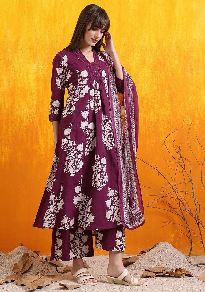 Purple Floral Print Rayon A Line Kurta Set - Indya