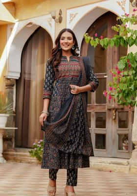 Navy Blue Embroidery Cotton Kurta Set