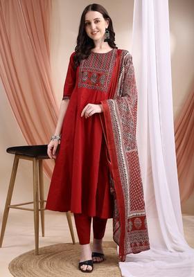 Maroon Embroidery Cotton Kurta Set
