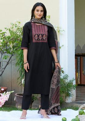 Black Embroidery Cotton Kurta Set