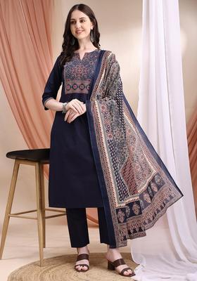 Navy Blue Embroidery Cotton Kurta Set