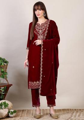 Maroon Embroidery Velvet Kurta Set