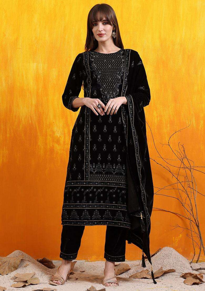 Black Embroidered Velvet Straight Kurta Set - Indya