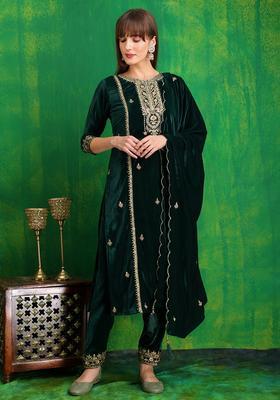 Green Embroidery Velvet Kurta Set