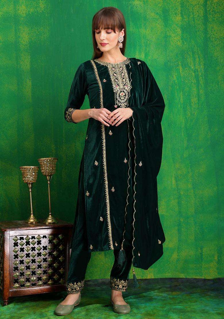 Green Embroidered Velvet Straight Kurta Set - Indya