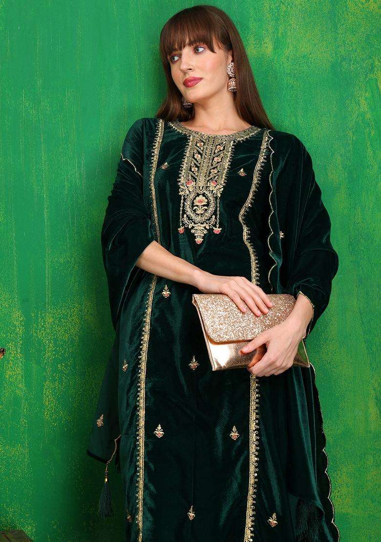 Green Embroidered Velvet Straight Kurta Set - Indya
