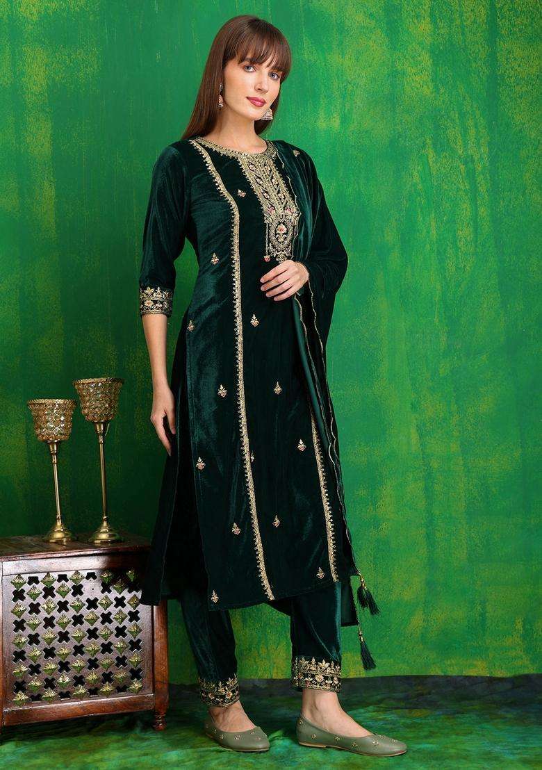 Green Embroidered Velvet Straight Kurta Set - Indya