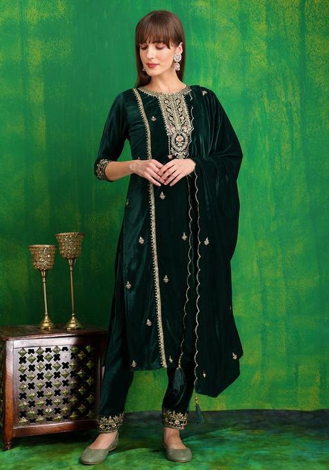 Green Embroidery Velvet Kurta Set