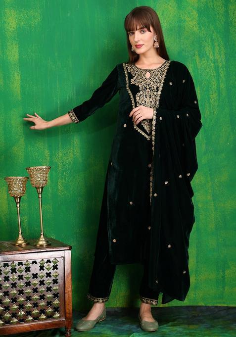 Green Embroidery Velvet Kurta Set